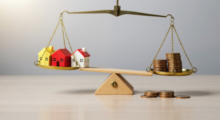 scales balancing colorful houses against coin stacks on wooden surface. Real estate investment comparison with property models and money. Financial planning. Mortgage services, investment consulting