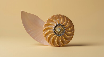 Nautilus shell cross section showing spiral chambers on beige background. Natural geometric pattern displaying golden fibonacci sequence structure. Marine biology. Educational materials, museum gift