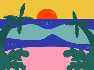 Obraz premium Illustration of a view behind palm trees on the beach at sunset in Matisse style