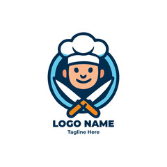 Chef logo character vector design for restaurant identity food business culinary branding mascot cartoon chef illustration with hat and uniform for bakery shop or cooking class promotion