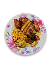 Home cooking consisting of pork belly, curry chicken, fried chicken, scrambled eggs and soy sauce mushrooms. The main side dish on Chinese New Year.