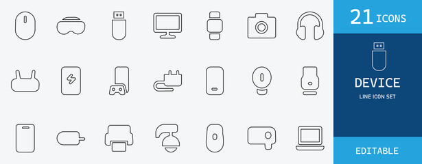 Device icon set featuring technology, electronic, digital, smartphone, laptop, and accessories. Minimal, modern vector illustration perfect for  and web design