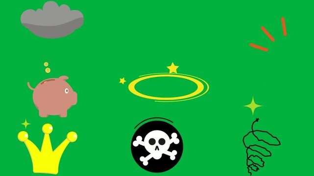 green screen white background pig grey cloud rain throwing coin into yellow circle star middle crown skull crossbone black drawing map mouth it outline drop water is air arrow icon gray.
