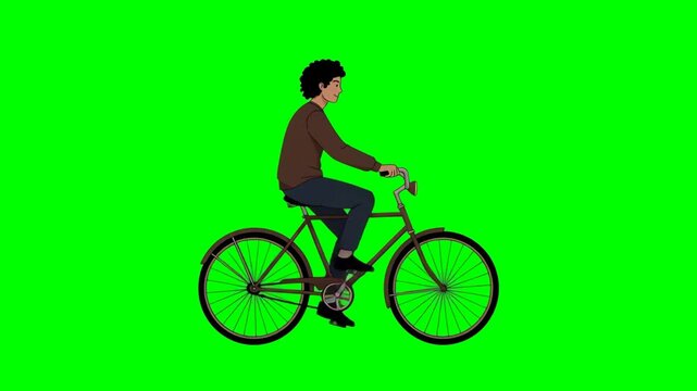 Young African American man riding city bicycle , chromakey, footage, mockup, green screen, loop, cartoon style