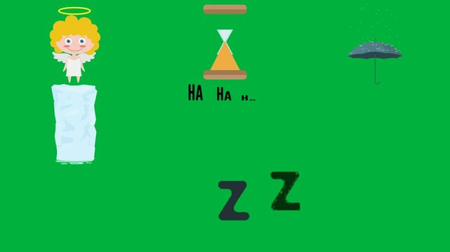 angel halo his head hour umbrella green screen piece paper background white person holding rain ice words i am it cloud question marks letter z image music note black dragon dots blonde.