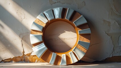 Fototapeta premium Assembled Ring: White Tile Segments and Sunlight on Textured, Weathered Background