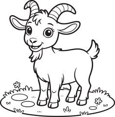 Fototapeta premium Cute Cartoon Goat Standing On Grass With Flowers