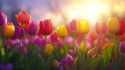 Colorful tulips in a spring field at sunrise.