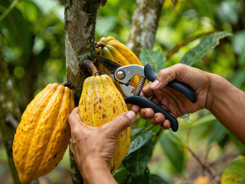 Farmer harvesting ripe cocoa pods on a plantation