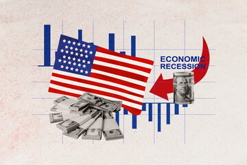 Creative 3D photo collage trend artwork template of arrow point american flag banknote roll market...
