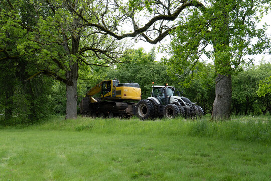 Modern Tractor Pulling Excavator Through Ancient Oak Grove &ndash; Nature Meets Industry