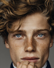 Obraz premium Portrait of a thoughtful young man with freckles.