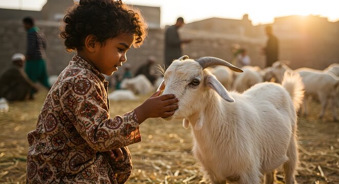 Young Child Tenderly Caring for a Goat in a Rural Setting