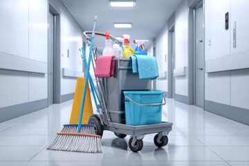 3d illustration of janitor utility cart with cleaning supplies like brooms and mops situated in empty corridor of modern