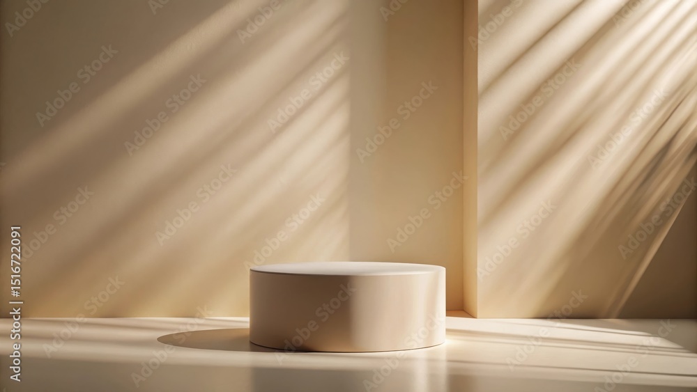 Poster sunlit minimalist product display platform with soft beige hues and gentle light streaks