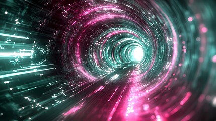 Obraz premium Digital Corridor of Light: A captivating image showcasing a futuristic tunnel of vibrant light, with swirling pink and teal hues, offering a sense of speed and technological advancement.