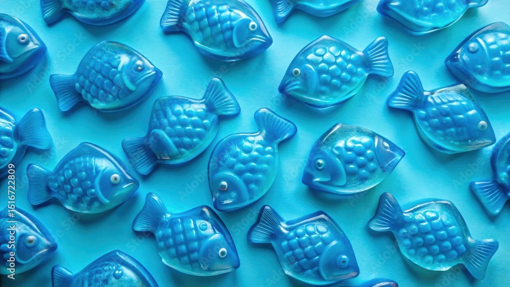 Poster A vibrant array of translucent blue fish-shaped objects arranged on a bright azure background.  Each piece displays intricate textural details, creating a captivating visual pattern.