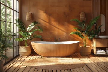 Modern wooden bathtub in a serene indoor space surrounded by vibrant greenery and natural light