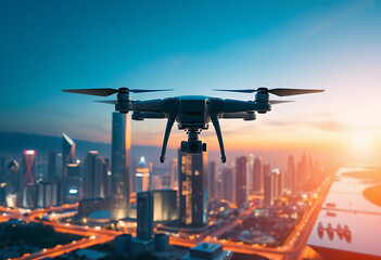 Drone flying over a modern city at sunset