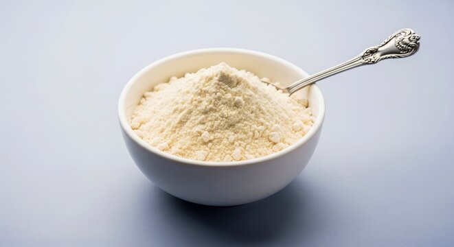 Raw Unprepared Semolina Flour Rava Powder in Bowl and Spoon Indian Cooking Ingredient