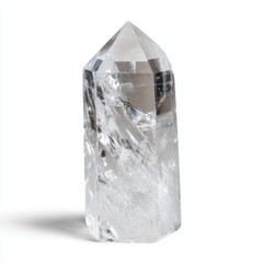 Clear quartz crystal on white background