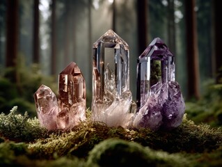 Rose Quarts and Amethyst clusters in the forest