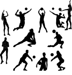 A versatile collection of dynamic volleyball player silhouettes in various poses, capturing the essential movements of the sport. Perfect for sports-related designs