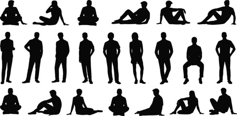 Collection of sitting and standing people silhouettes, male and female vector poses, perfect for design, illustration, presentation, or creative projects