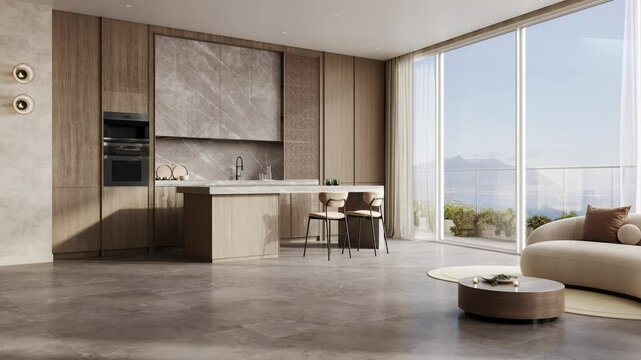 Modern living room with kitchen in warm natural colors, dining interior with white sofa, 3d animation