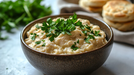 Creamy Chicken and Dumplings in a Rustic Bowl Garnished with Parsley