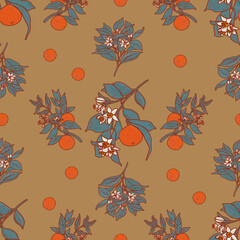 Cozy brown provence pattern. Fruit trees summer texture. Oriental asian botanical print. Oranges illustration