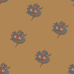 Cozy brown provence pattern. Leafy summer texture. Oriental asian botanical print.