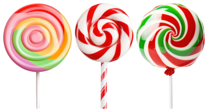 PNG Three colorful swirled lollipops with vibrant patterns element set on transparent background.