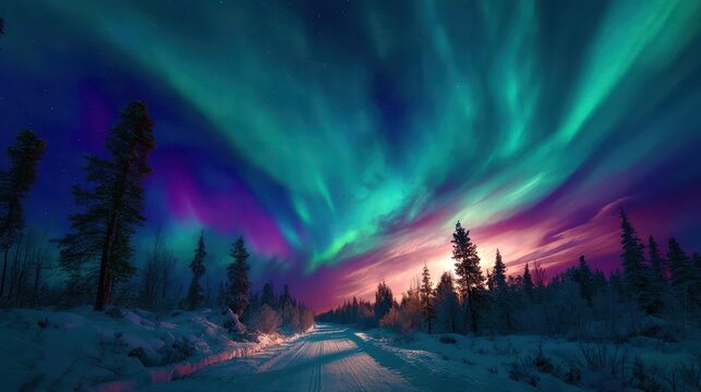 A beautiful aurora borealis is visible in the sky above a snowy forest
