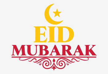 Eid Mubarak Typography Design with Crescent Moon and Star Islamic Festival Vector