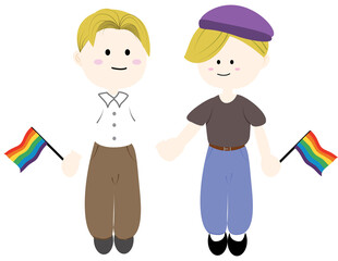  Cute cartoon illustration of a male couple, holding hands and small rainbow pride flags