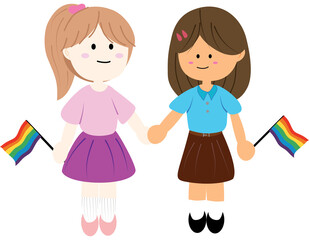  Cute cartoon illustration of a female couple, holding hands and small rainbow pride flags