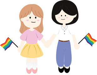  Cute cartoon illustration of a female couple, holding hands and small rainbow pride flags