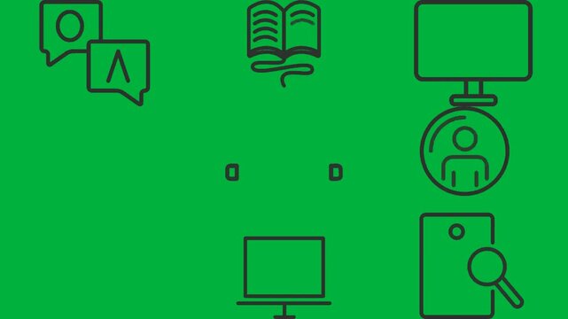 green screen white background two speech bubbles words q them snake middle it computer gear wheel black logo microphone headphones magnized person image icon magni silhouette inside border .