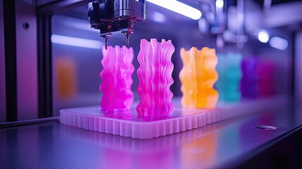 Colorful 3d printed objects being manufactured.