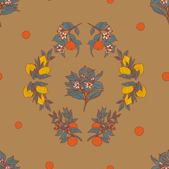 Cozy brown provence pattern. Fruit trees summer folk texture. Oriental asian botanical print. Lemons with oranges illustration