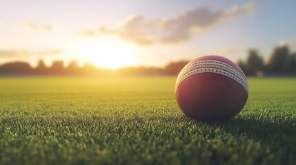Cricket ball resting on a grassy field at sunset.