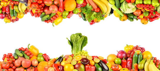 Collection of bright fresh and ripe fruits and vegetables in the form frame isolated on white