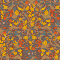 Cozy brown provence pattern. Fruit trees summer texture. Oriental asian botanical print. Lemons with oranges illustration