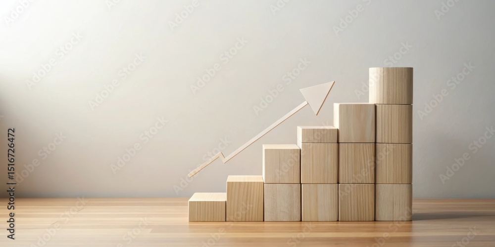 Aufkleber wooden blocks ascending staircase with upward pointing arrow signifying growth and progress