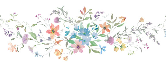 Watercolor seamless border with colorful wildflowers. Hand drawn illustration. For greeting cards, invitations.  Vector EPS.