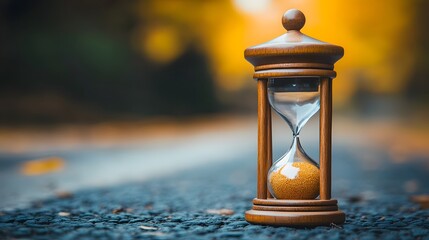 Wooden hourglass on a dark pavement, autumnal background.