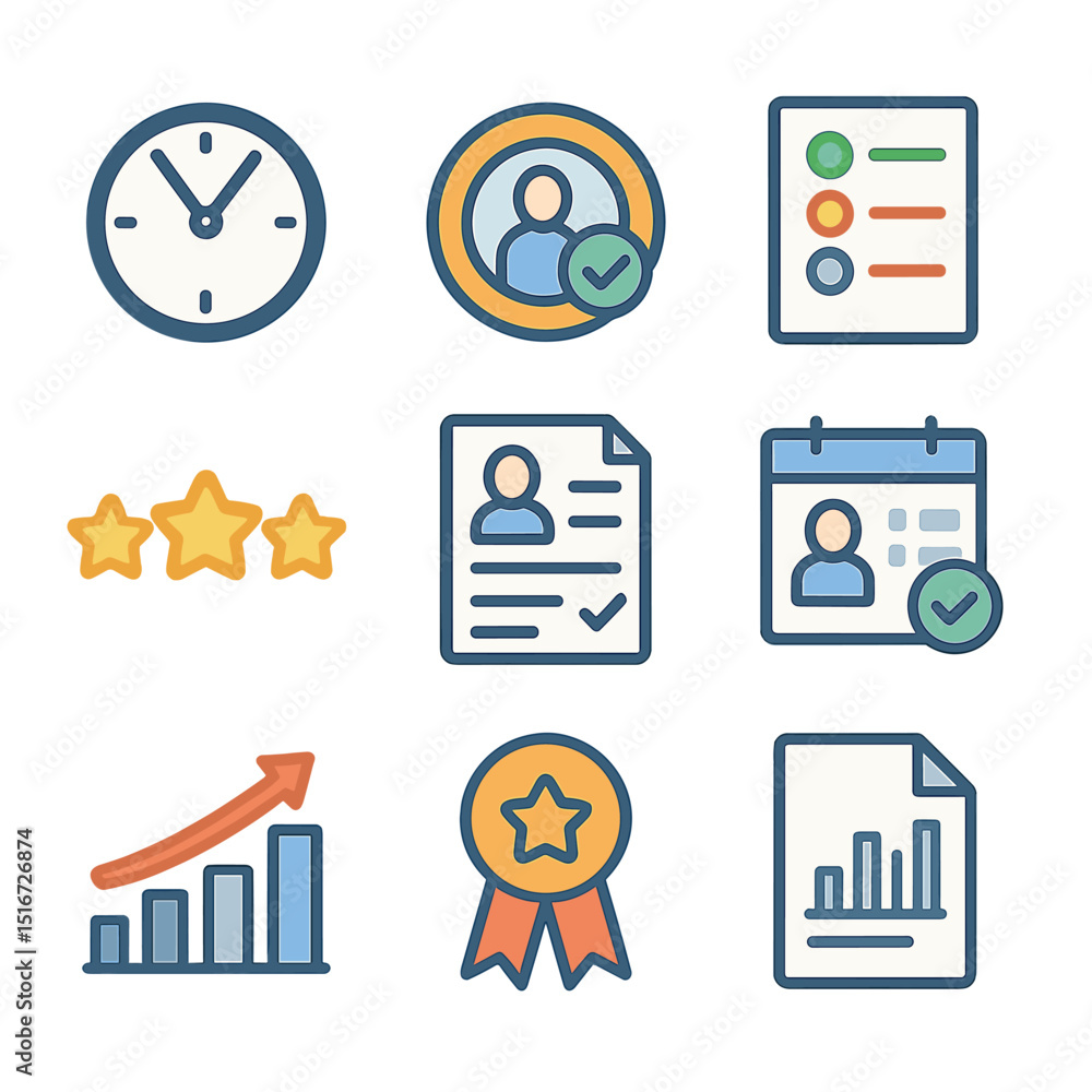 Poster employee performance icons. flat icon set of employee performance icons: punctuality clock, shift co