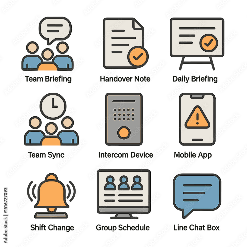 Poster factory shift coordination icons. flat icon set of factory shift coordination: team briefing icon, h