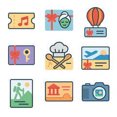 Experience Gift Icons. Flat icon set of experience-based gifts: concert ticket, spa day voucher, hot air